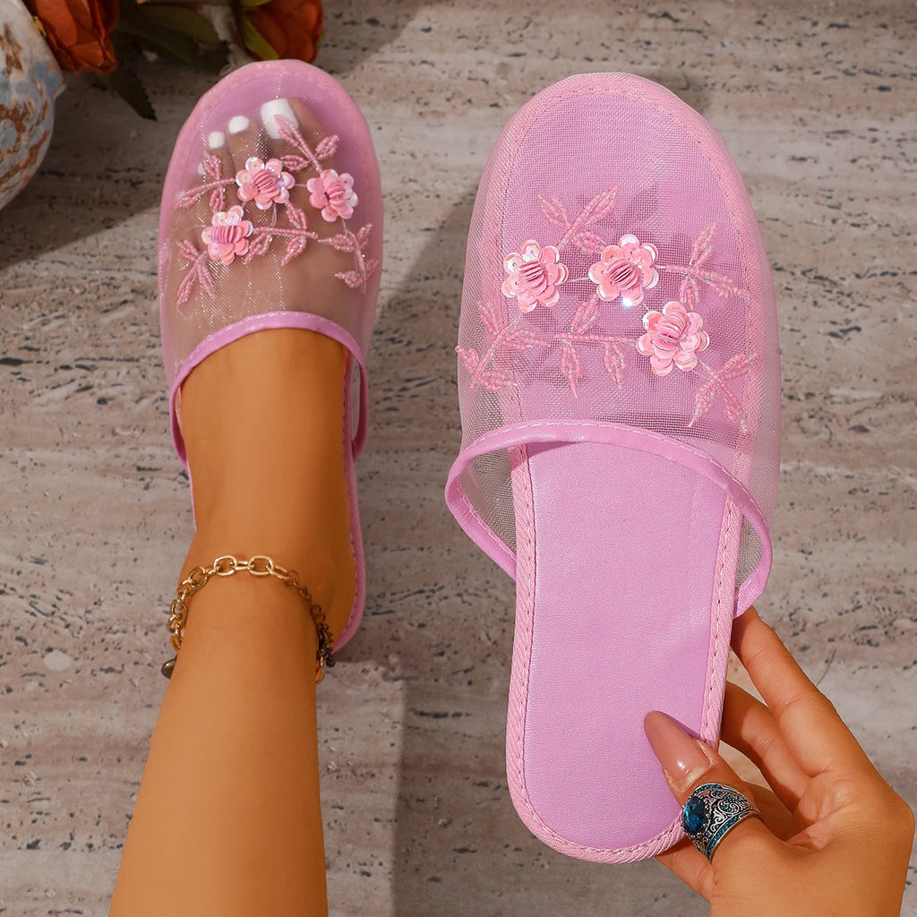 Women Slippers Round Head Outdoor Cool Shoes Summer Mesh Flower Zpaxo