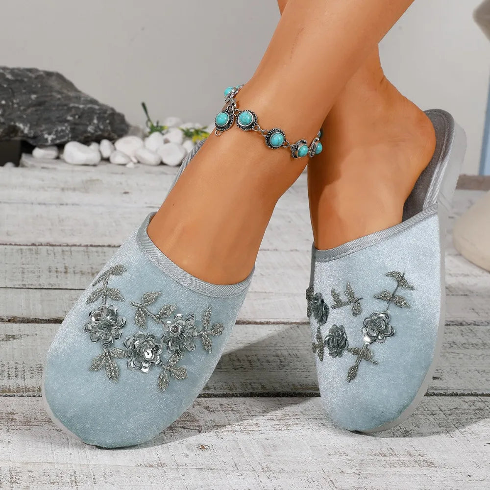 Women Indoor Slippers Home Slides Sequin Flat Shoes Summer Hollow