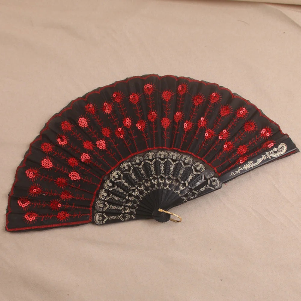 Silk Peacock Sequin Folding Fan – Dance, Wedding & Decor