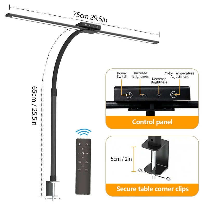 LED Full-Spectrum Eye-caring Desk Lamp with Flexible Gooseneck Stepless Dimming Flicker-Free Touch Control Desk Lamp for Home Zpaxo 24W 2-Head US Plug