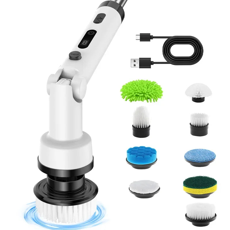 Electric Spin Scrubber Cordless Cleaning Brush with 9 Replaceable Brush Heads Adjustable Handle for Bathroom Floor Tile Kitchen Zpaxo 9 in1 White