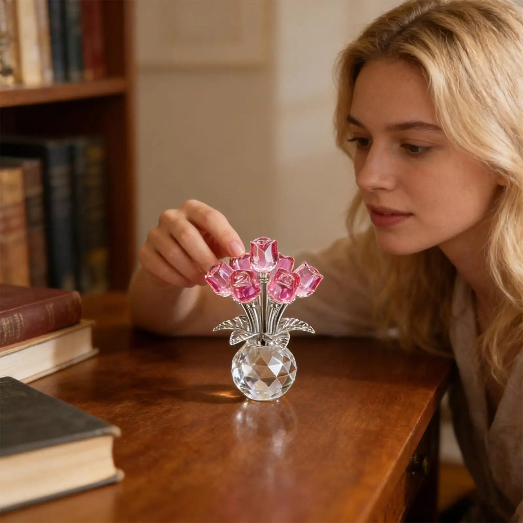Glass Flowers 3D Romantic Artificial Rose Figurines Collectible