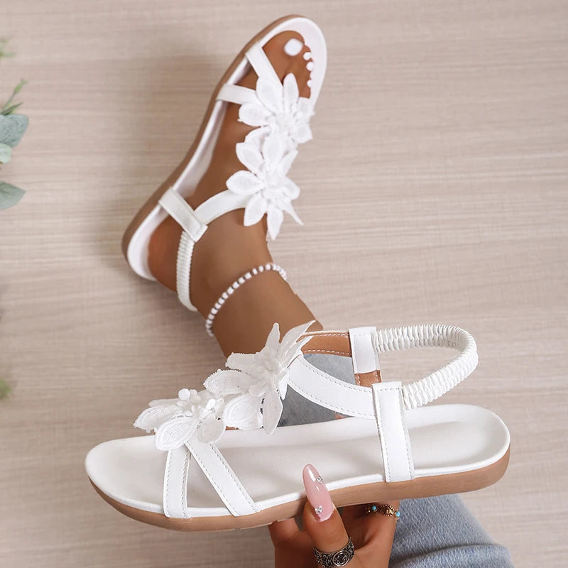 Elegant Women Sandals Clip Toe Floral Decorative Flat Shoes Casual Comfortable Lightweight Sandals Summer Retro Shoes Women Zpaxo WHITE 42