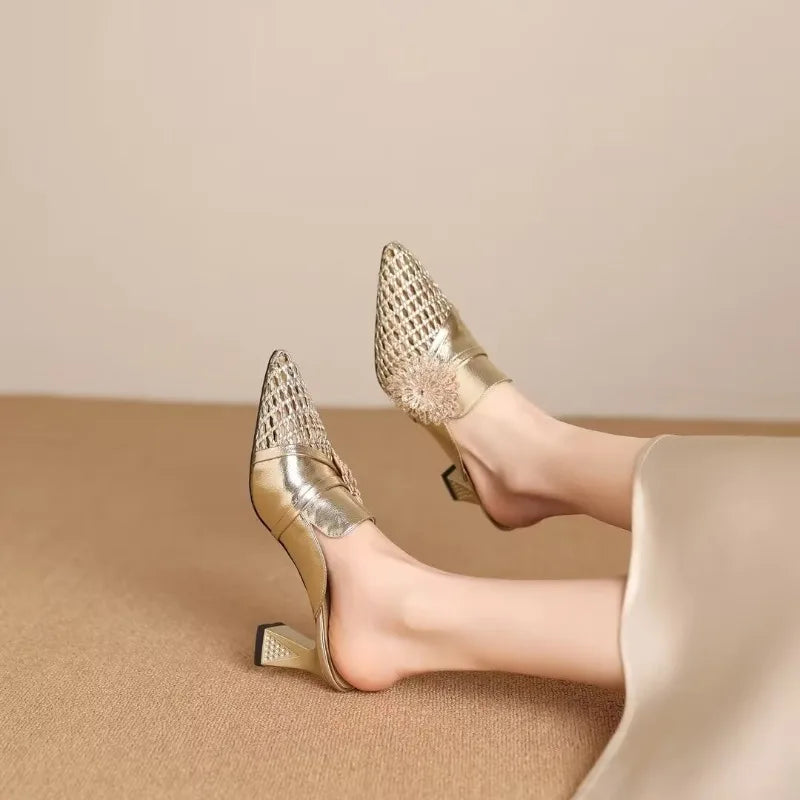 Pointed Closed Toe Weaving Hollow Out Breathable Rhinestone Flower Zpaxo