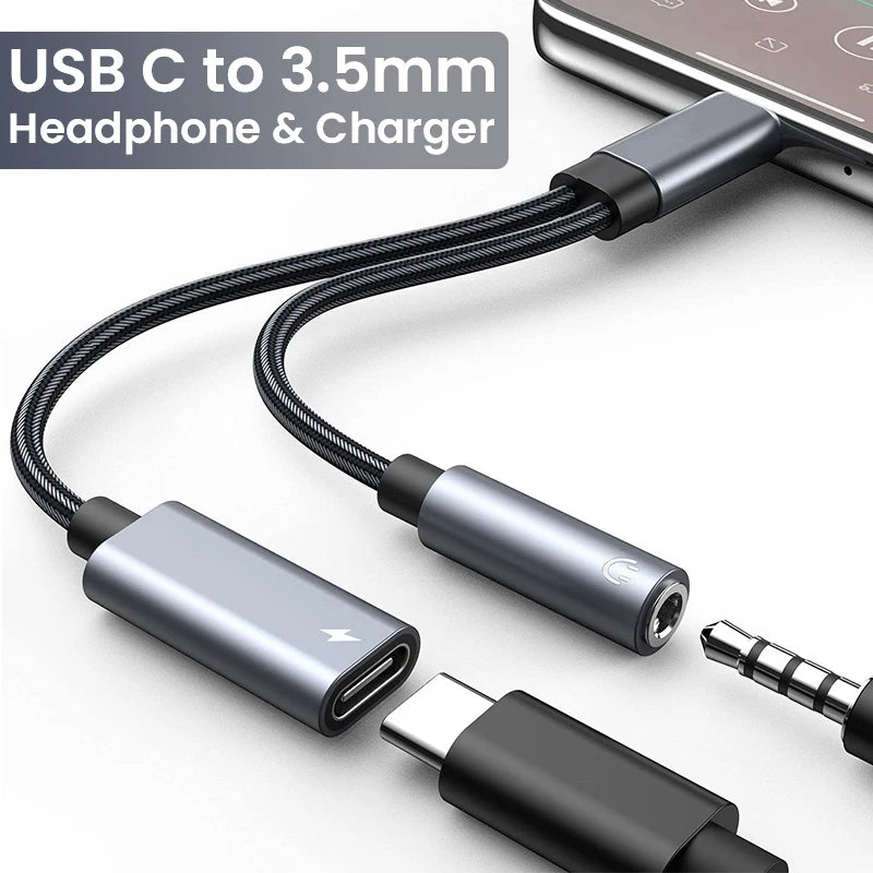 2 In 1 USB C to 3.5mm Headphone And Charger Adapter USB C PD 3.0 Port to Aux Audio Jack With PD Fast Charging Dongle Cable Cord Zpaxo