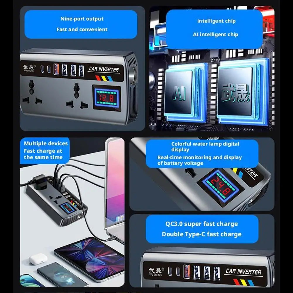 Portable Automotive Charger Inverter 12V/24V To 220V Car Inverter Converter Fast Charging Ports 3 USB Ports Vehicle Accessories Zpaxo