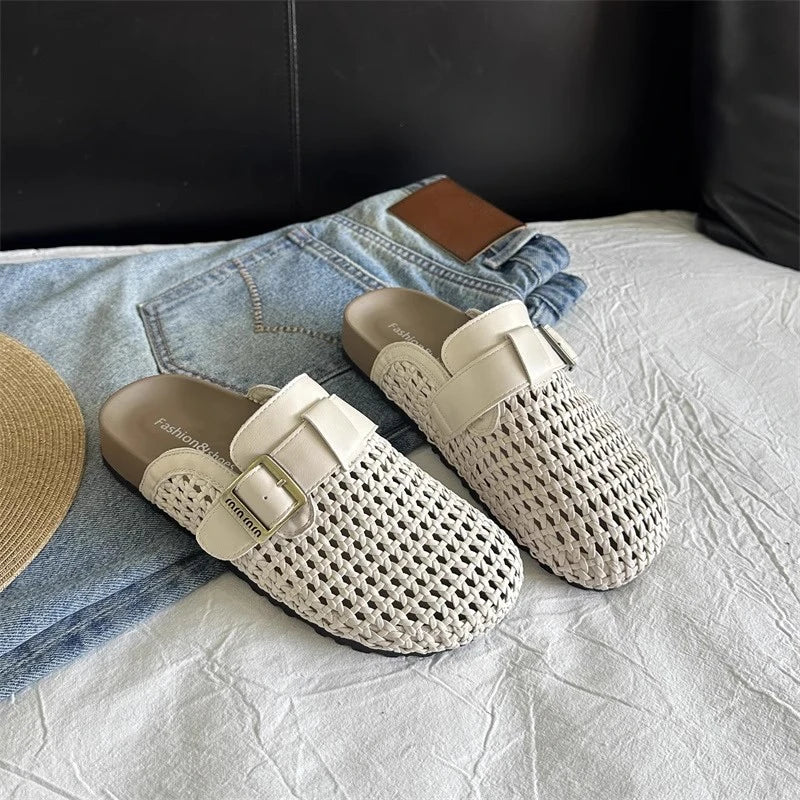 Mesh Platform Heels Weave Women Slippers Hollow Sandals Mules Casual