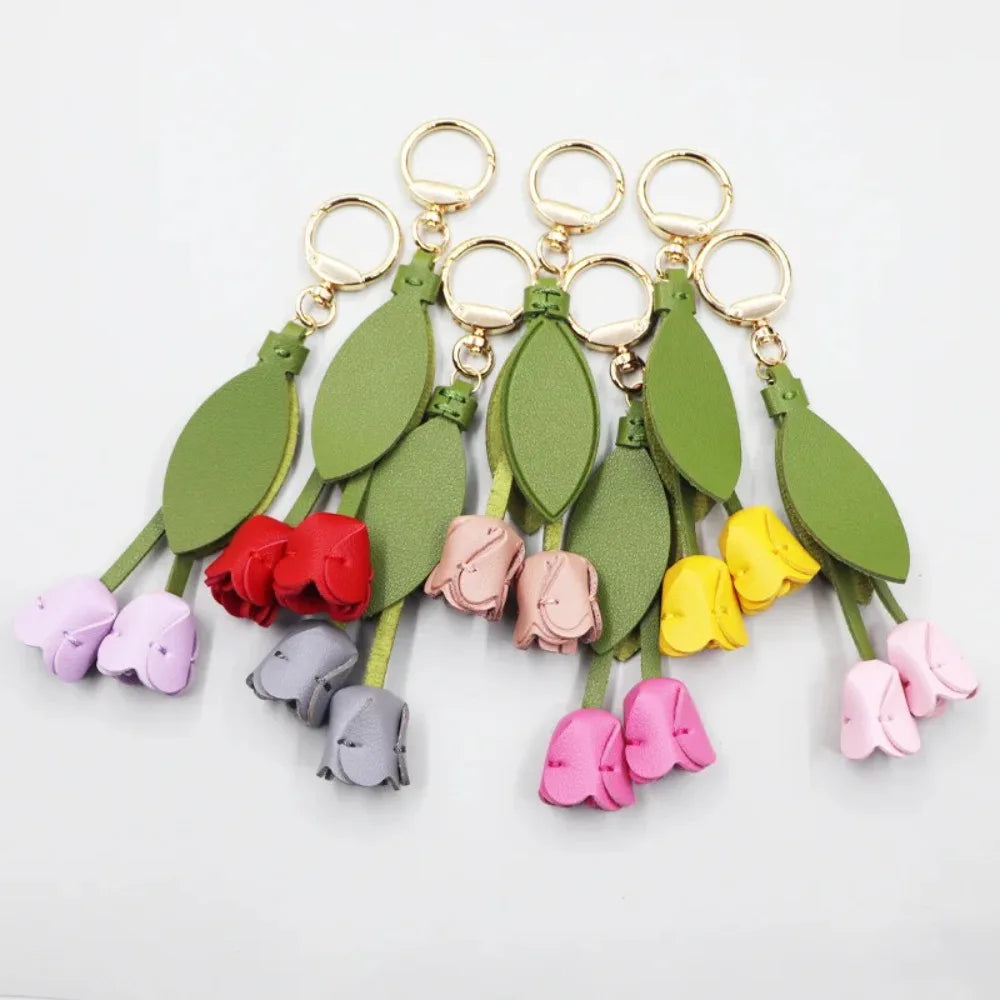 Cute Sweet Tulip Bag Pendant Dopamine Korean Style Car Key Chains PU Leather Bag Charms Floral Lanyard Lady Zpaxo