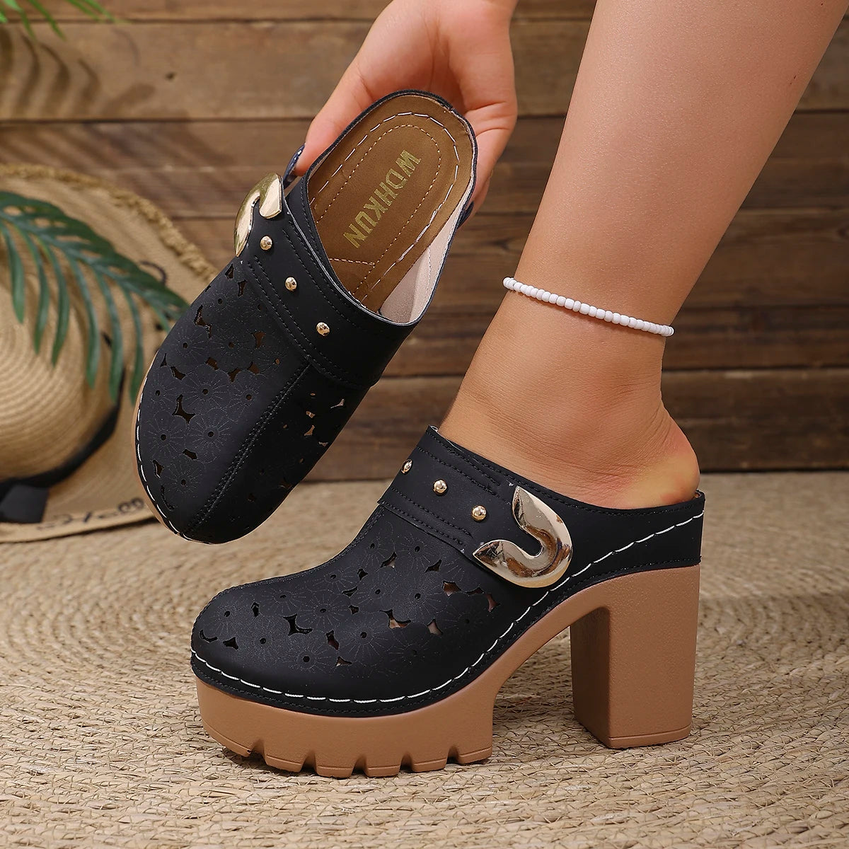 Women Sandals Solid Anti Slip Shoes Women Peep Toe Platform Sandals Summer Round Toe Shoes Slip on High Heels Slippers Women Zpaxo black 37