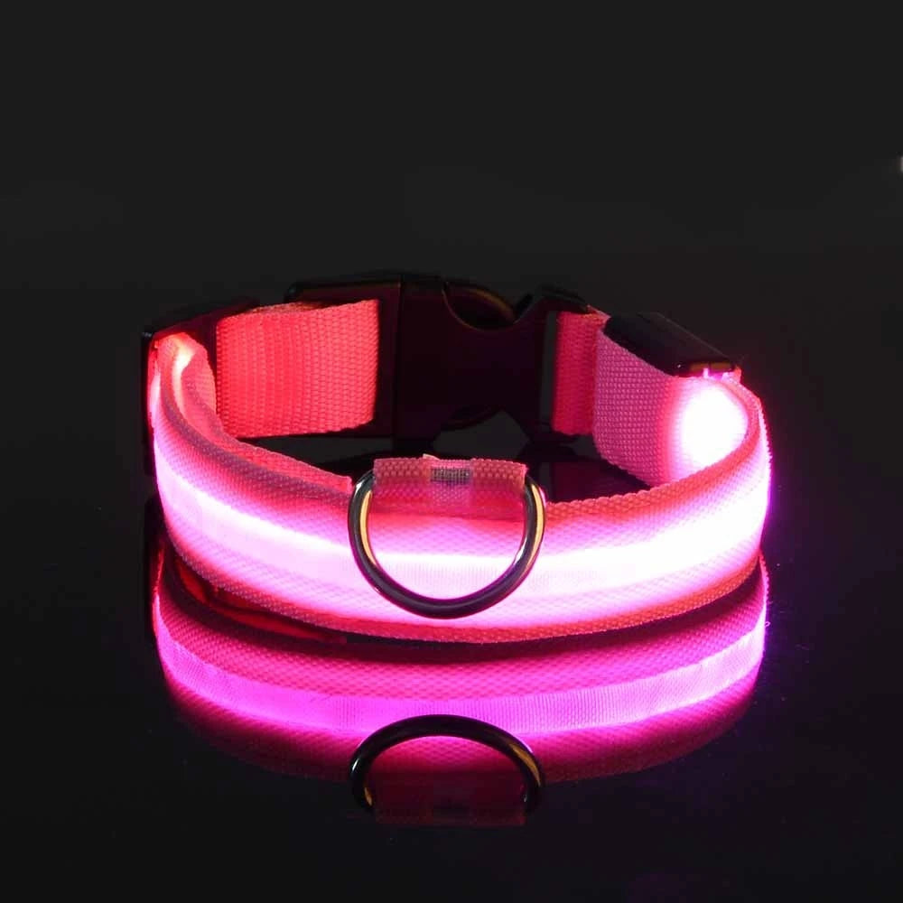 Nylon LED Night Safety Flashing Glow In The Dark Dog Leash Dogs Luminous Fluorescent Pet Dog Collar Zpaxo Pink XS（old）