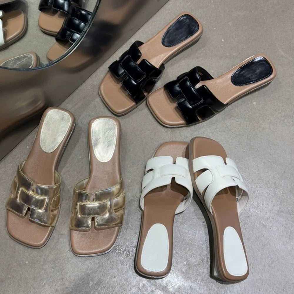 Brown Leather Ladies' Slippers with Exposed Heels Flat Casual Couple Beach Shoes Comfortable Sandals for Women Zpaxo