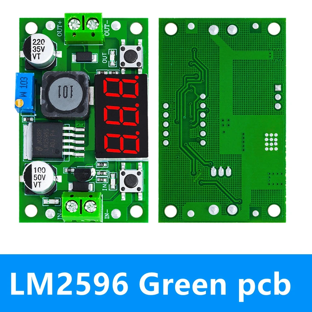 ‌LM2596S Adjustable Buck Converter Module – 4-40V to 1.3-35V DC-DC Step-Down Regulator with 3A/92% Efficiency | Overcurrent Zpaxo lm2596 green pcb