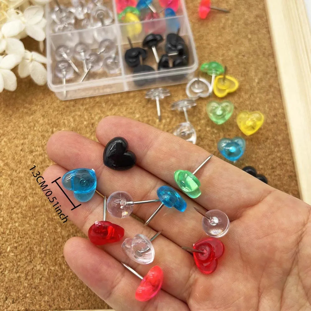 1Box Transparent Colorful Black Heart Push Pins,Plastic Head Thumb Tacks Map Drawing Pins,Push Pins for Wall Drawing Pin board Zpaxo