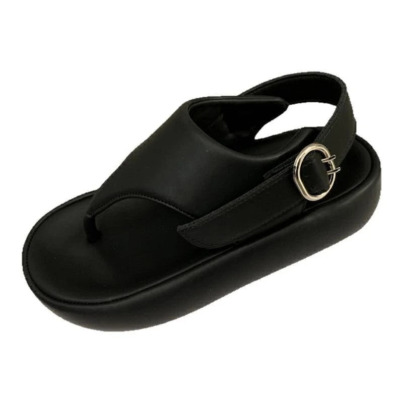 Thick-soled Heightening Belt Buckle Clip-toe Sandals 2025 Summer Leather Beach Shoes Casual Roman Women's Shoes Zpaxo