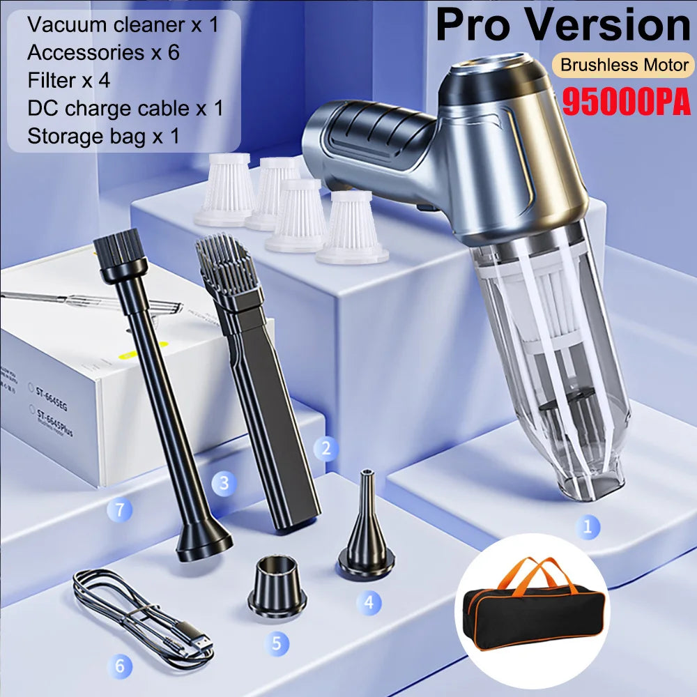 Car Vacuum Cleaner 95000PA Strong Suction Wireless Home 2in1 Handheld