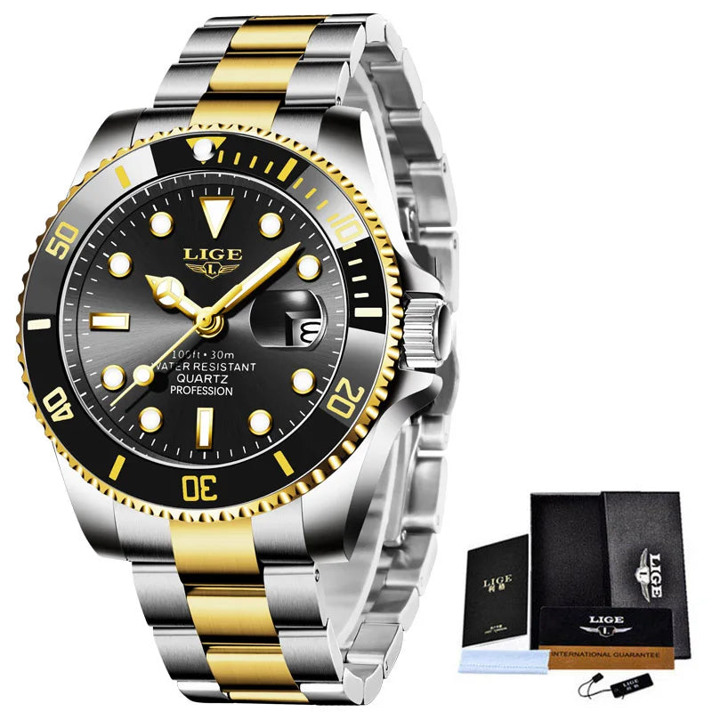 LIGE Top Brand Luxury Fashion Diver Watch Men 30ATM Waterproof Date Clock Sport Watches Mens Quartz Wristwatch Relogio Masculino Zpaxo Gold black
