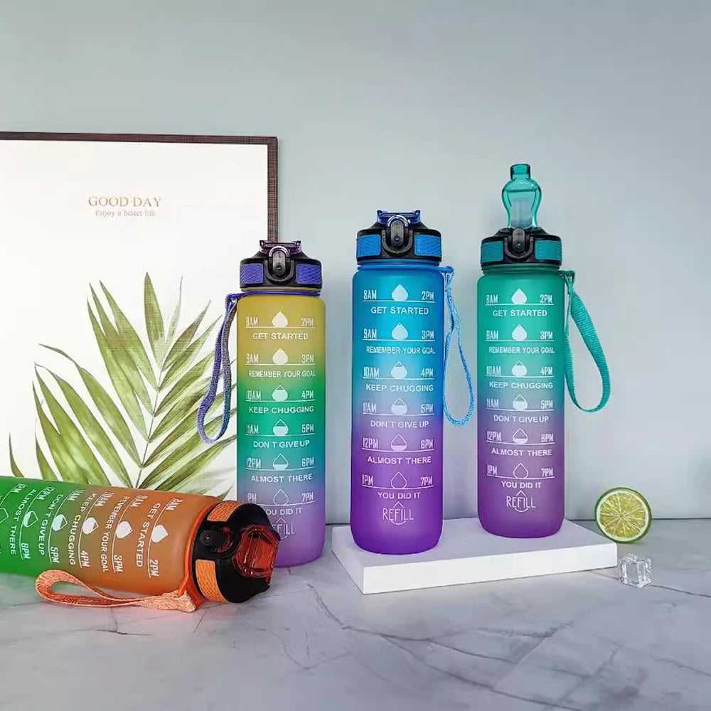 1000ml Water Bottle with Time Scale Straw for Outdoor Sports Plastic Gradient Color Leak Proof Water Bottle Zpaxo