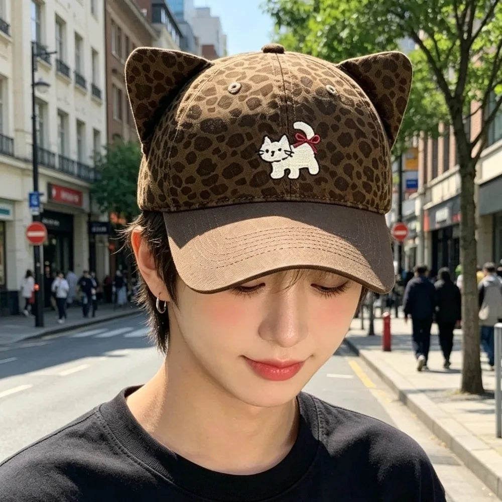Cute Adjustable Baseball Cap Leopard Print Cartoon Embroidery Duckbill Hat Cat Ear Sun Protection Hat Spring Zpaxo