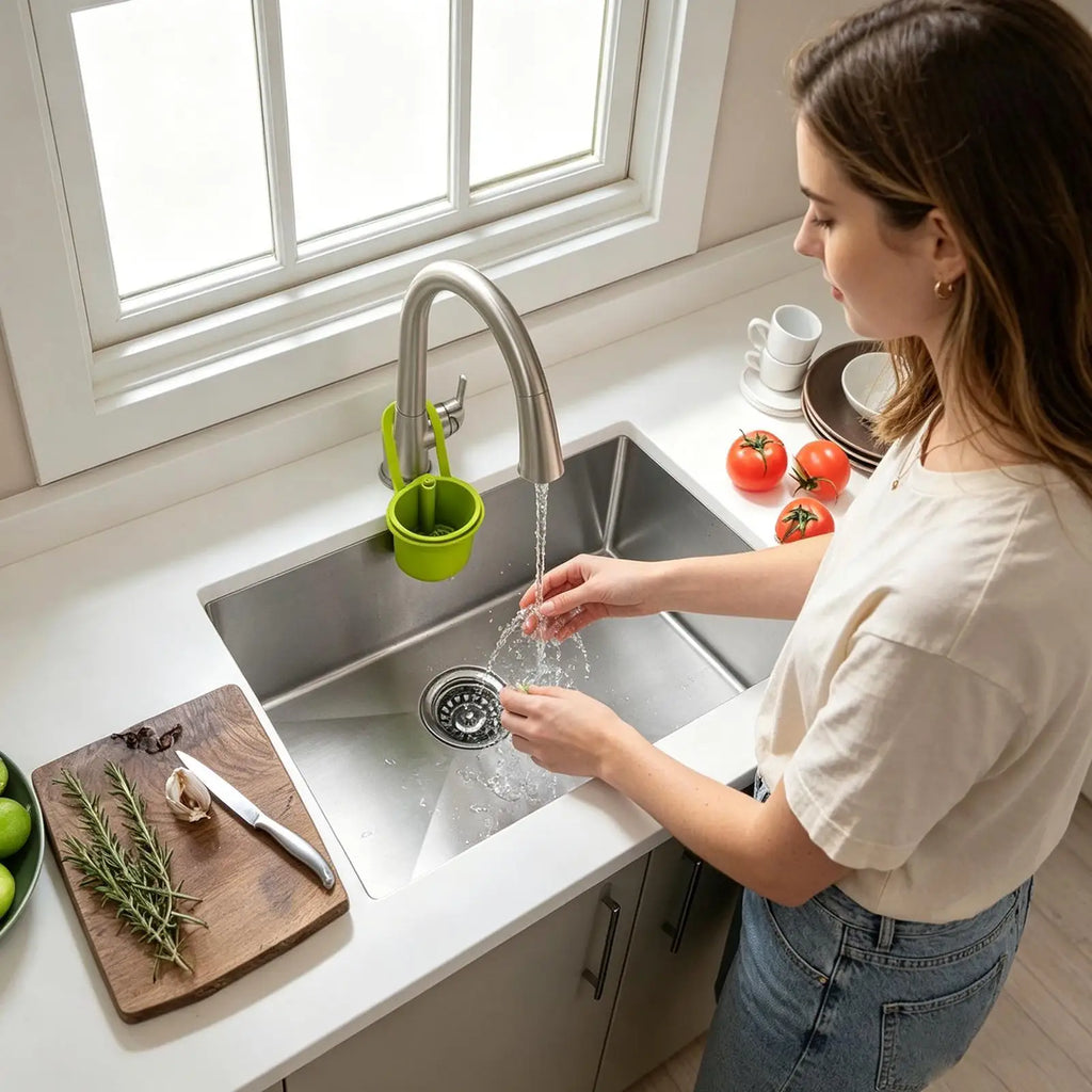 Adjustable Sink Food Strainer Push-to-Pour Kitchen Drain Filter Catches Food Waste Hair & Debris For Pasta Soup Shower Zpaxo