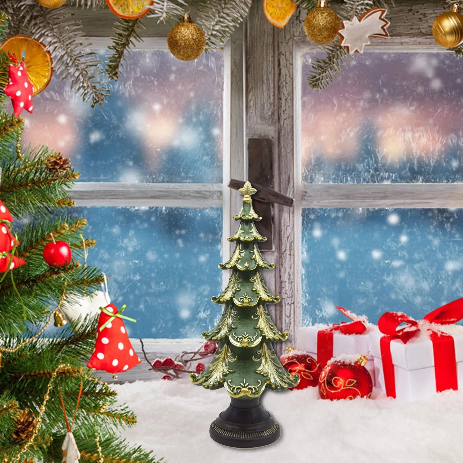 Resin Christmas Tree Figurine – Rustic Xmas Table Centerpiece Christmas Figurine Zpaxo Green