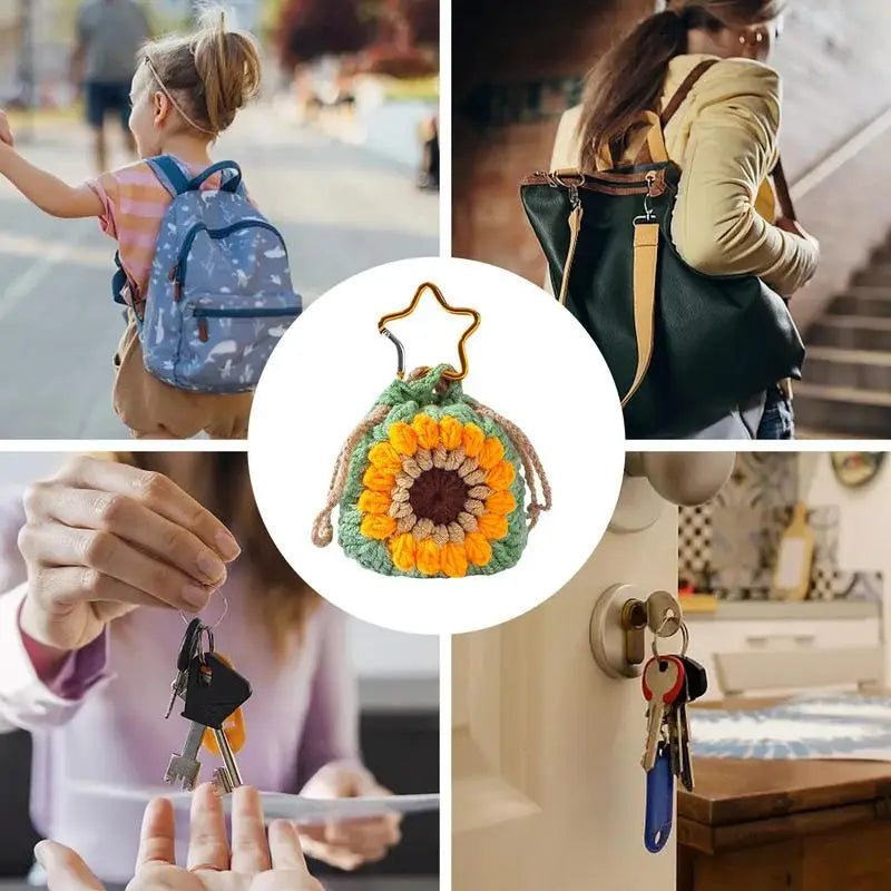Coin Pouch Keychain Woven Sunflower Keyring Charm Cute Drawstrings Zpaxo