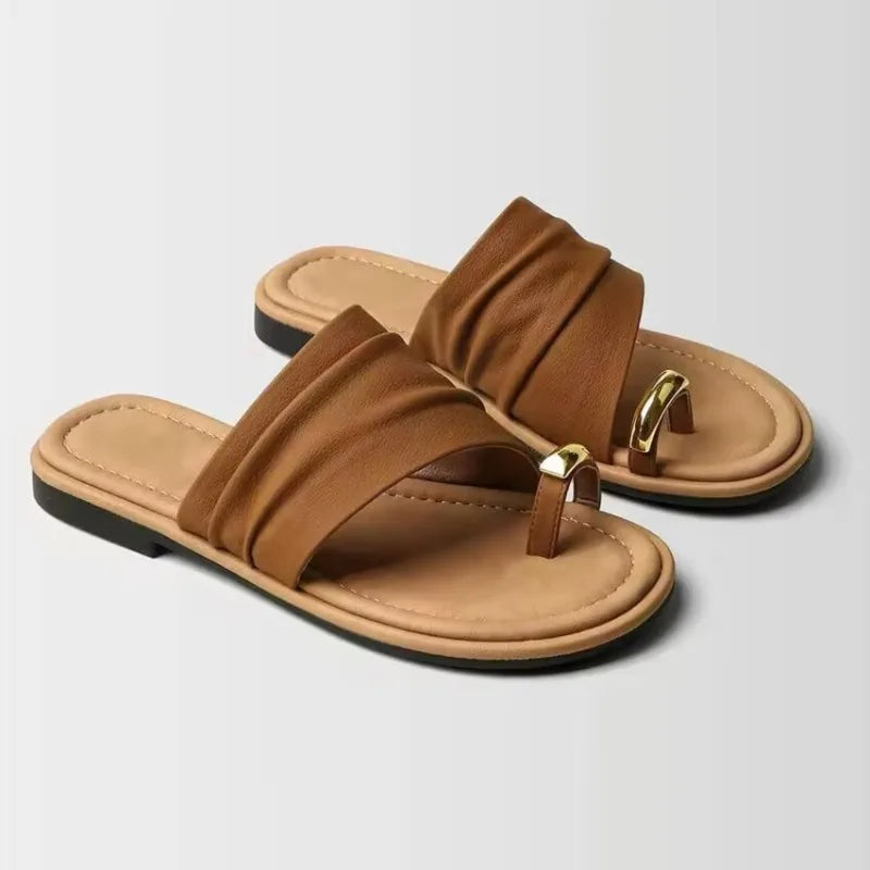 Women's Round Toe Loop Metal Buckle Embellishment Slippers Women Zpaxo