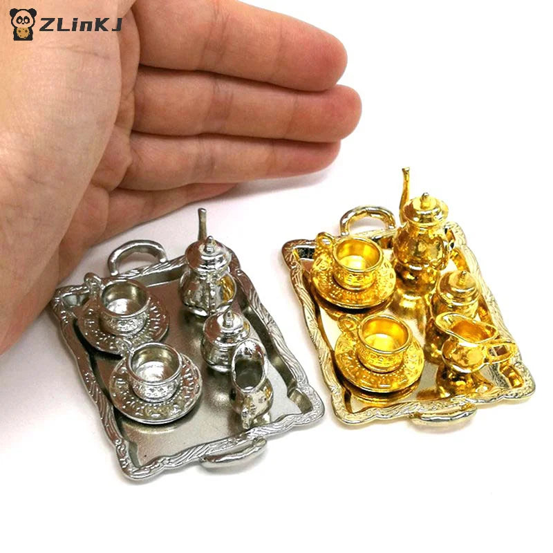 ▶10Pcs 1: 12 Dollhouse Furniture Miniature Dining Ware Metal Tea Cup Plate Set Zpaxo