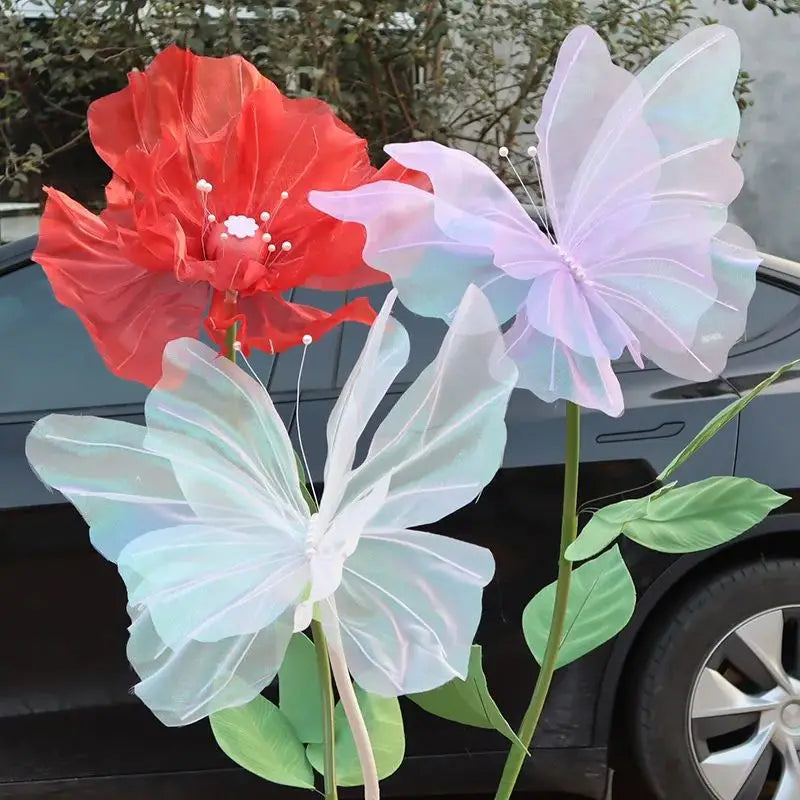 Giant Artificial Silk Peony Realistic Flowers Simulated Butterfly