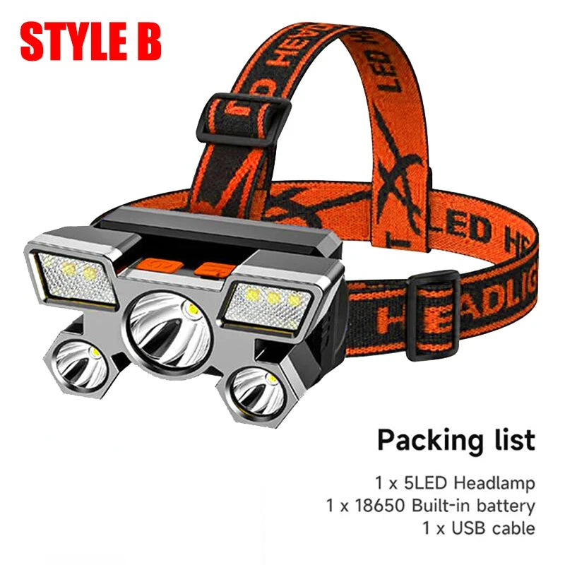 5-LED USB Rechargeable Headlamp – 4 Modes, 18650 Battery