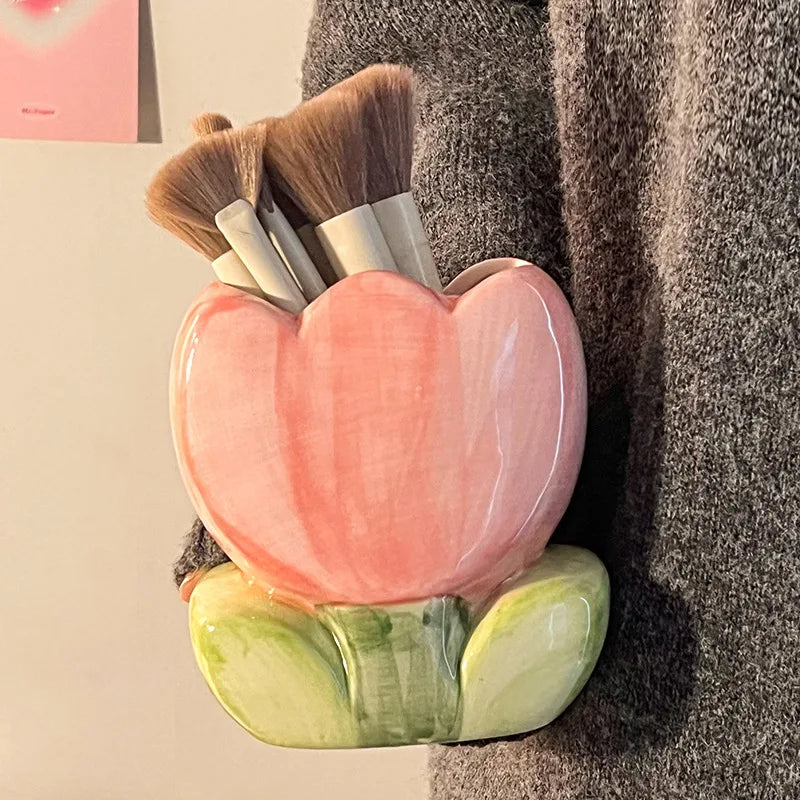 Flower Pen Holder Ceramic Desktop Decoration Cute Girl Desk Office