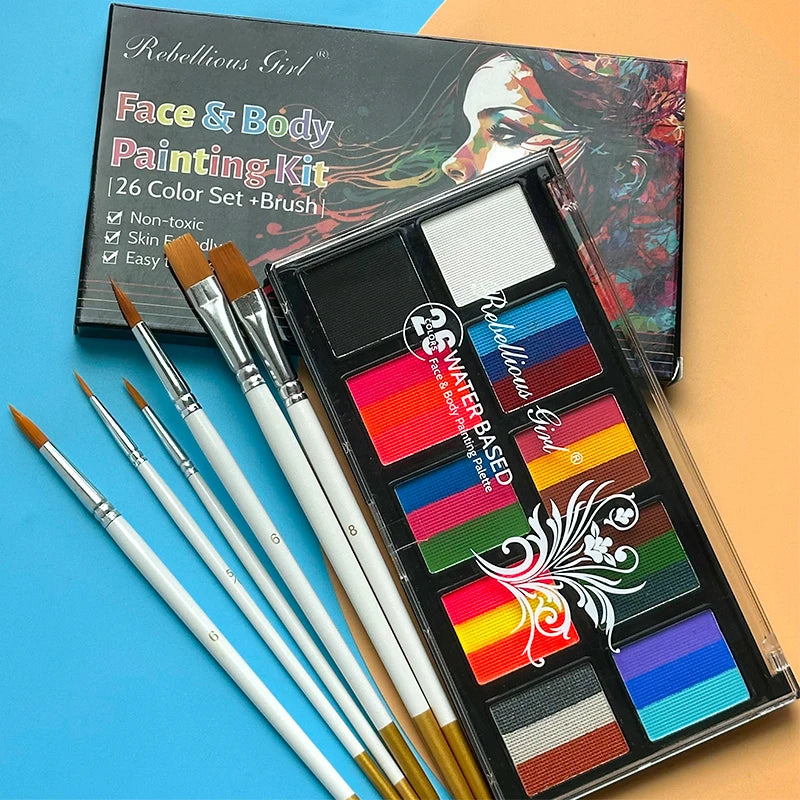 10-grid 26 color Water-Based Body Paint Palette,Easy-to-Clean Face & Body Paint Palette with Brushes,Body Paint Makeup for Party Zpaxo SET-B