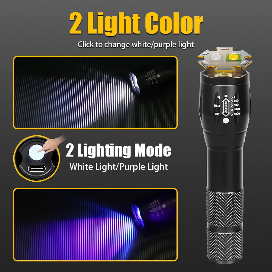 2-in-1 UV & White LED Flashlight – 395nm Zoomable Torch