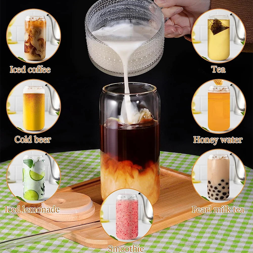 Drinking Glasses with Bamboo Lids and Glass Straw and Cleaning Brush 16oz Can Shaped Beer Coffee Cocktail Whiskey Cups Glasses Zpaxo