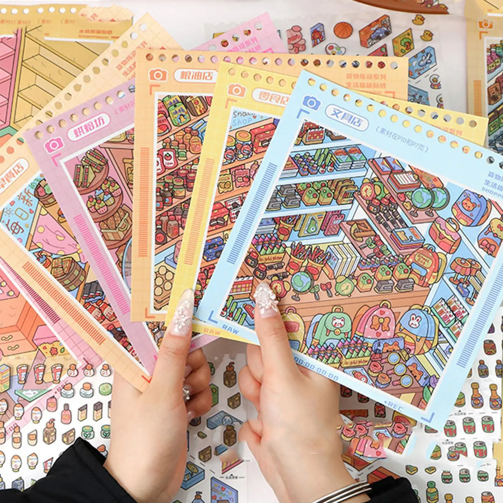 Scene Sticker Book Miniature Shop Stickers DIY Cartoon Decals Kids