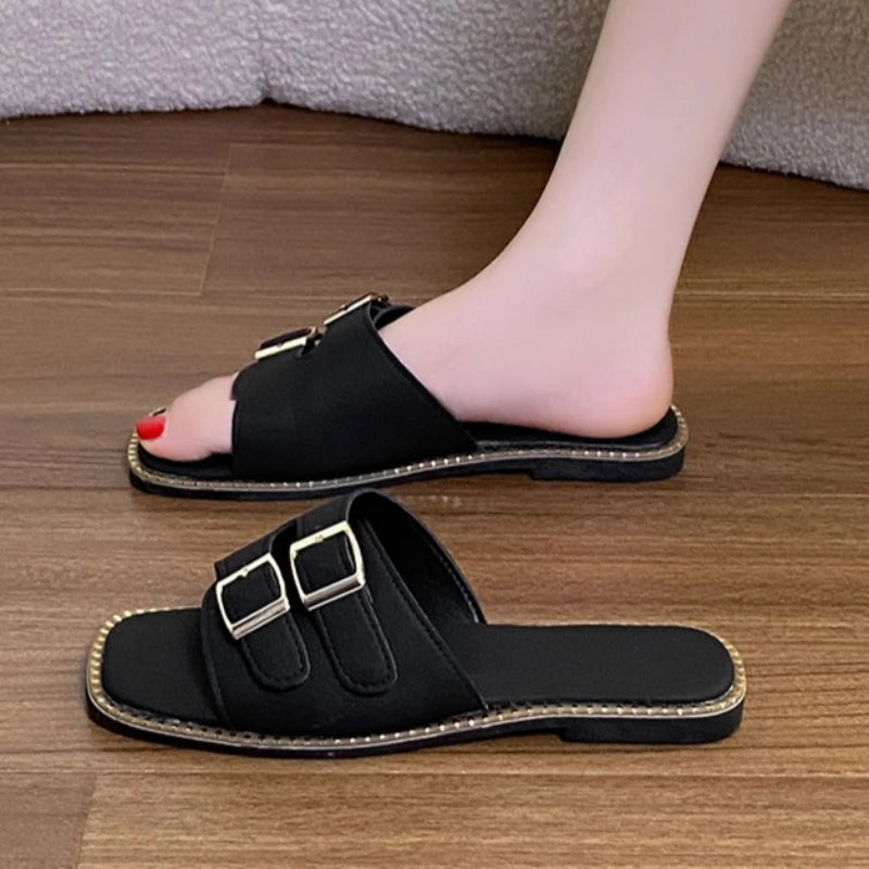 Women's Square Open Toe Comfortable Double Buckle Strap Slippers Zpaxo