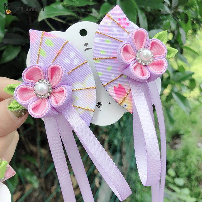 ▶Japanese Kimono Fabric Flower Folding Fan Children Hair Accessories Clip Tassel Headwear Headdress Barrette Zpaxo