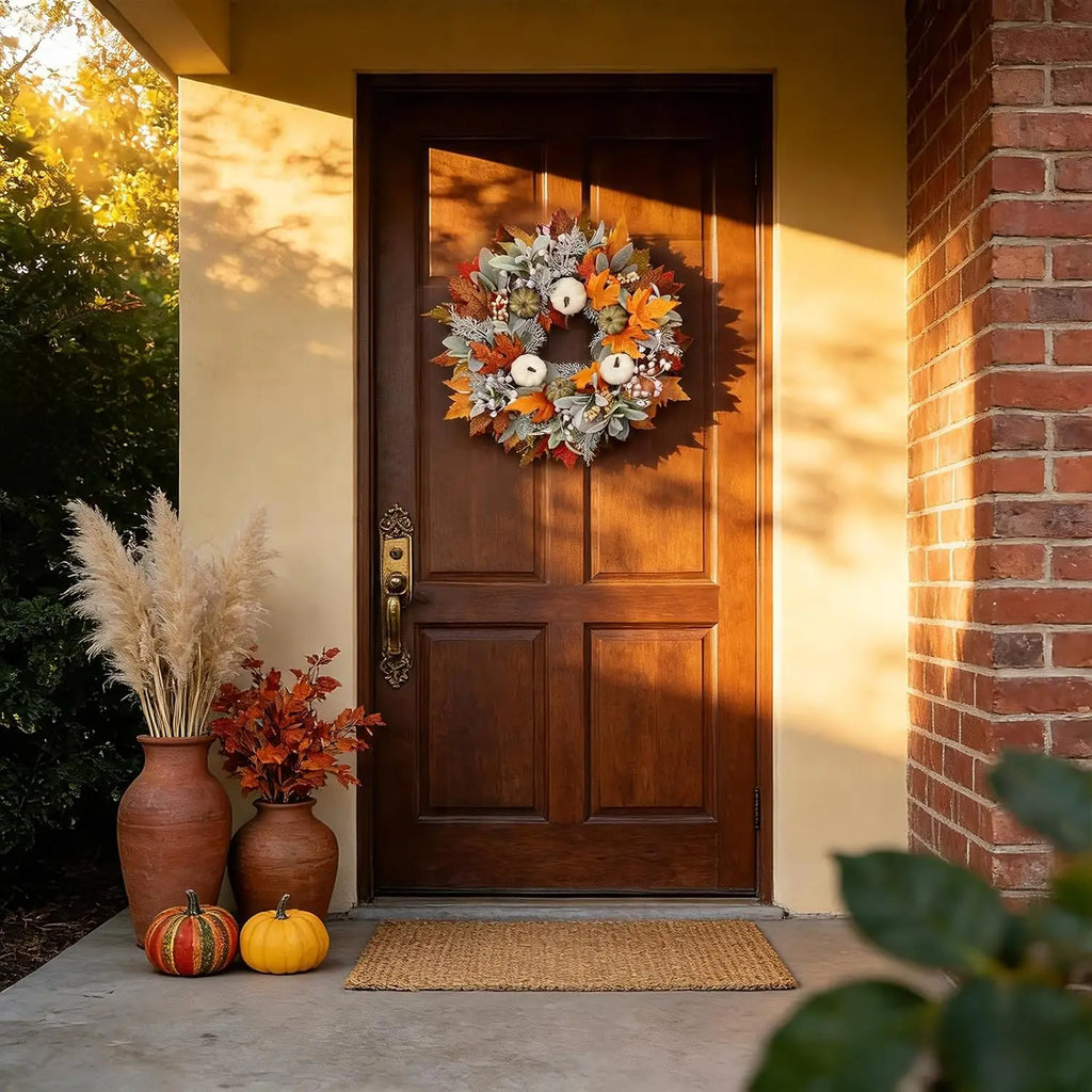 Artificial Fall Wreath Front Door Pumpkins Oeange Maple Leaves Autumn Zpaxo