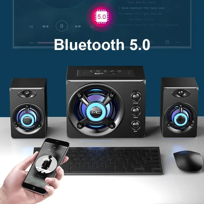 Powerful Bluetooth Speakers Colorful LED Home TV Theater Sound Wireless Subwoofer 3D Stereo Surround Wooden Material USB Wired Zpaxo