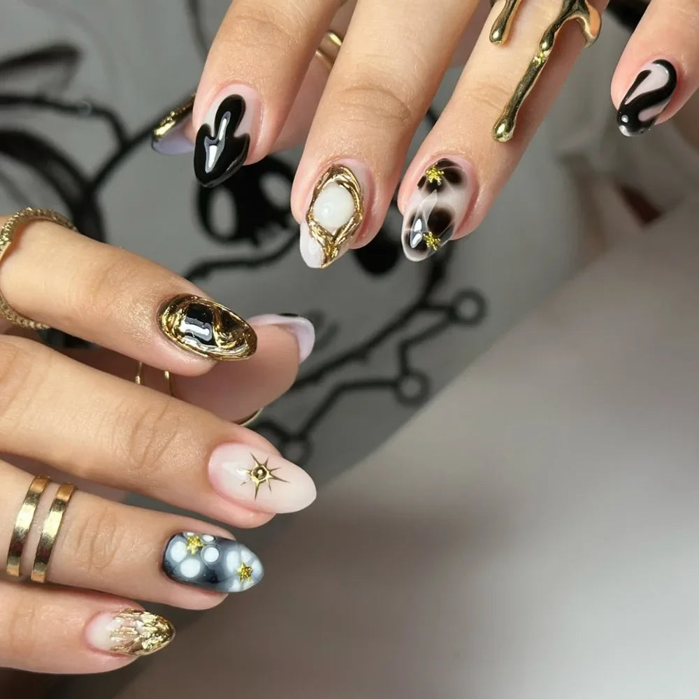 Long Almond False Nails French Leopard Star Press Fake DIY Manicure