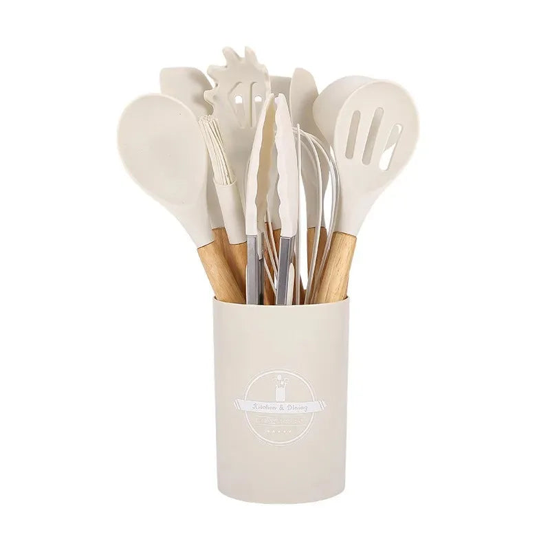 12PCS Silicone Kitchenware Non-Stick Cookware Kitchen Utensils Set Spatula Shovel Egg Beaters Wooden Handle Cooking Tool Set Zpaxo White 12Pcs