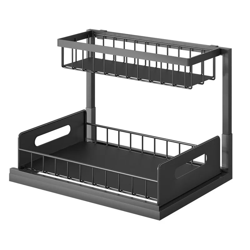 Double-Layer Pull-Out Under Sink Organizer Rack with 5 Hooks Under Sink Organizer Zpaxo black