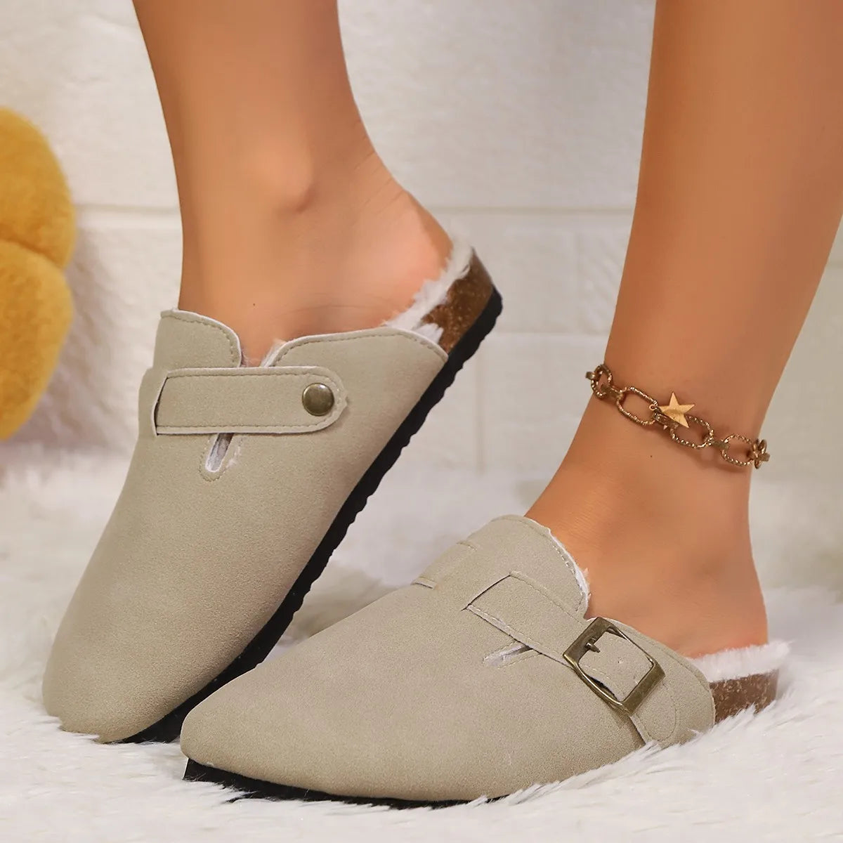 2025Fashion Women Casual Faux Suede Slippers Wedges Heel Cork Mules