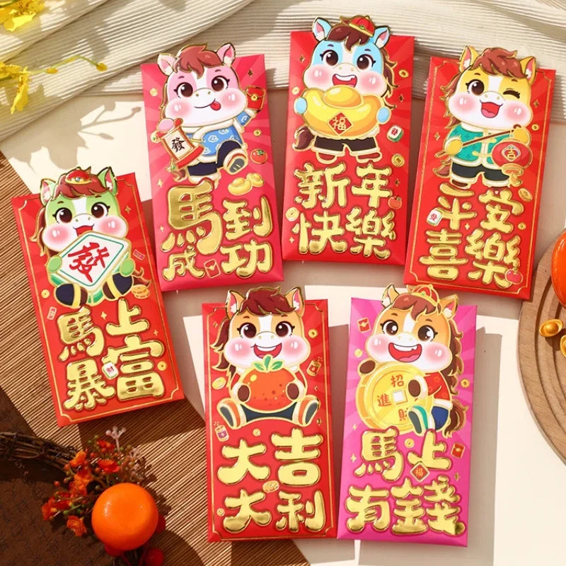 6Pcs 2026 Horse Year Cartoon New Year Red Packet Lucky Red Envelope Creative Spring Festival Birthday Wedding Lucky Money Pouch Zpaxo