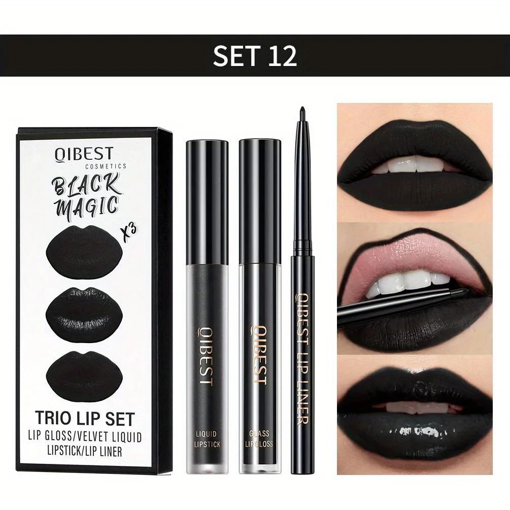 3 in 1 Lipstick and Lipliner Set, Long Lasting Waterproof Lip Stain Liquid Lipgloss Set for Women Halloween Gothic Makeup Zpaxo 12