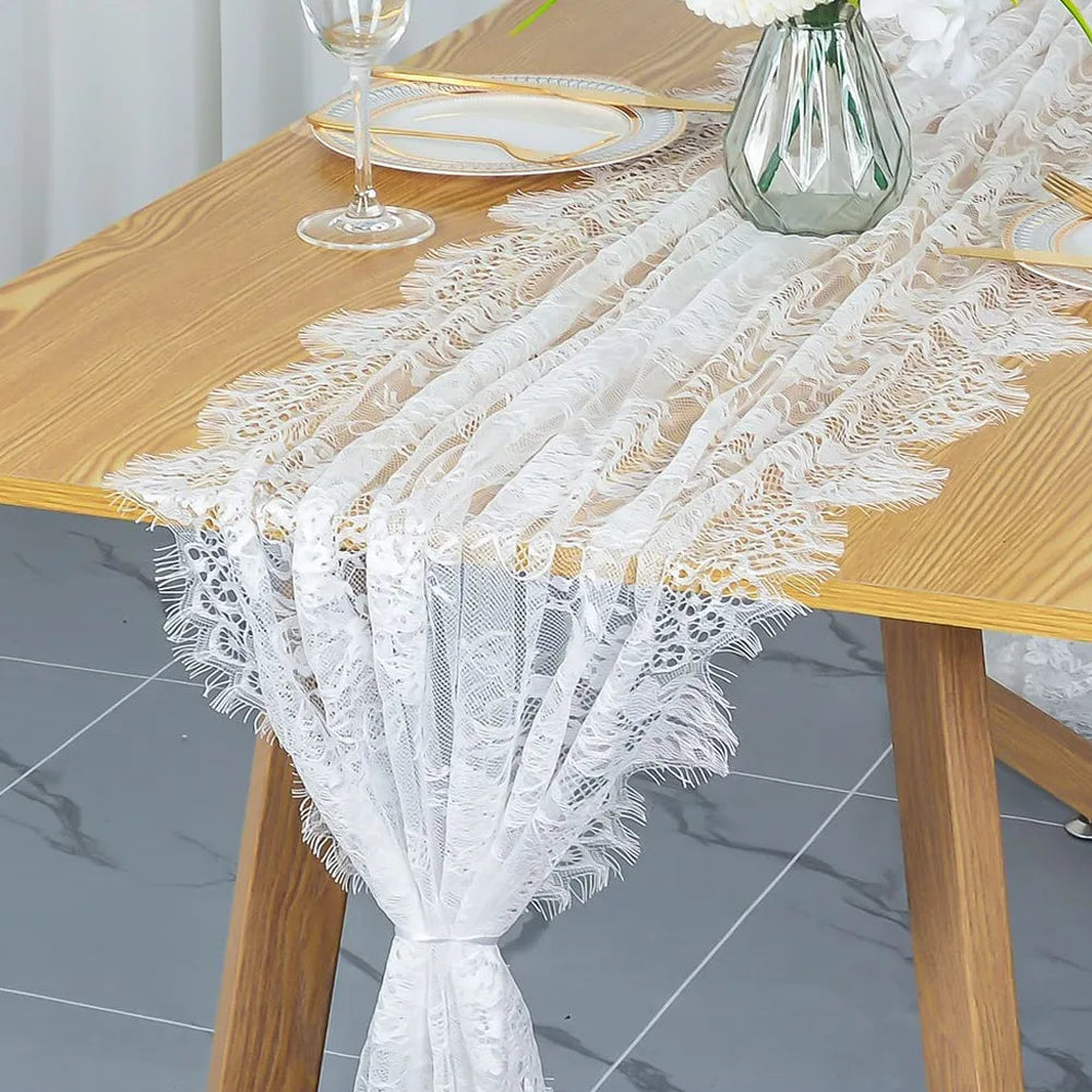 Rustic Wedding White Lace Tablecloth Vintage Embroidered Reception Zpaxo 75cmx300cm