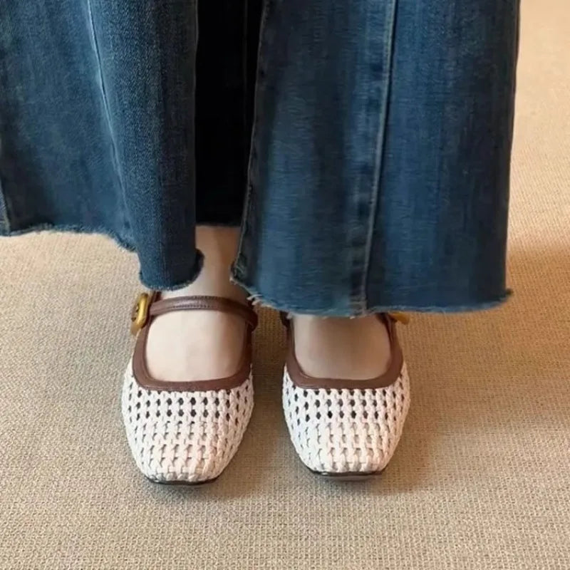 Vintage Leather Square Toe Woven Hollow-out Mary Jane Shoes Women's Shallow-cut Square Toe Thick Heeled Sandals Zpaxo