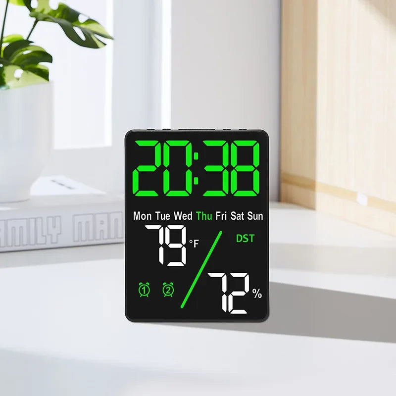 Digital Alarm Clock Desktop 3-Level Brightness Dimmable Led Electronic Wall Clock Temperature and Humidity Display Table Clock Zpaxo Green