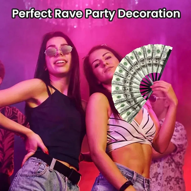 Large Folding Hand Tear Fan Dollar Pattern Music Festival Dance