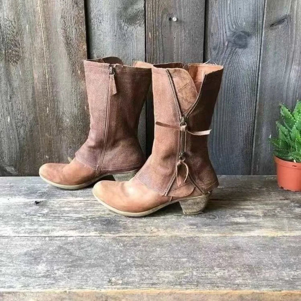 Fashion Pleated Buckle Knight Boots Women Autumn Brown PU Leather Mid