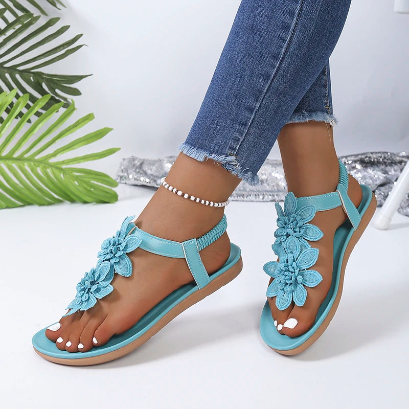 Woman Floral Sandals Clip Toe Flat Summer Lightweight Fashion Shoes Zpaxo Blue 41